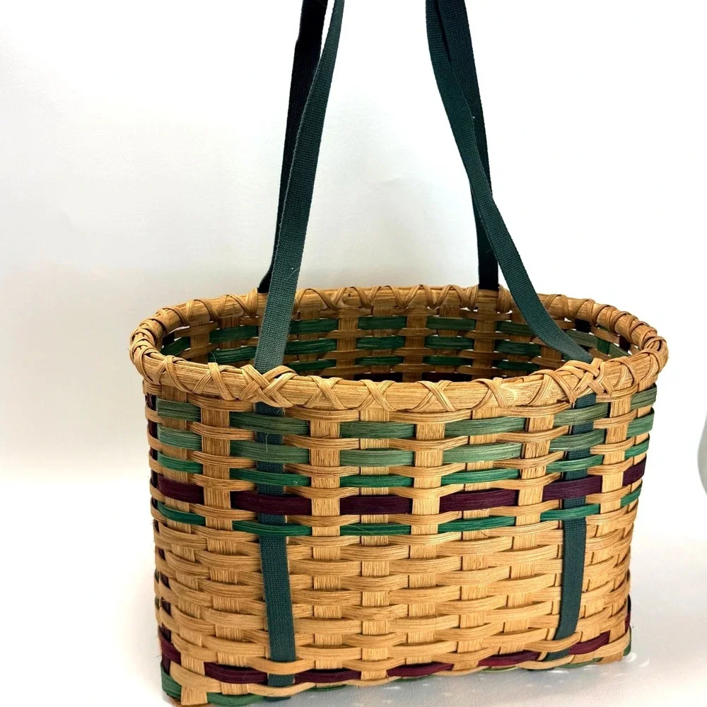 Vintage Woven Wicker Basket with Cloth Handles Tan Green Burgundy